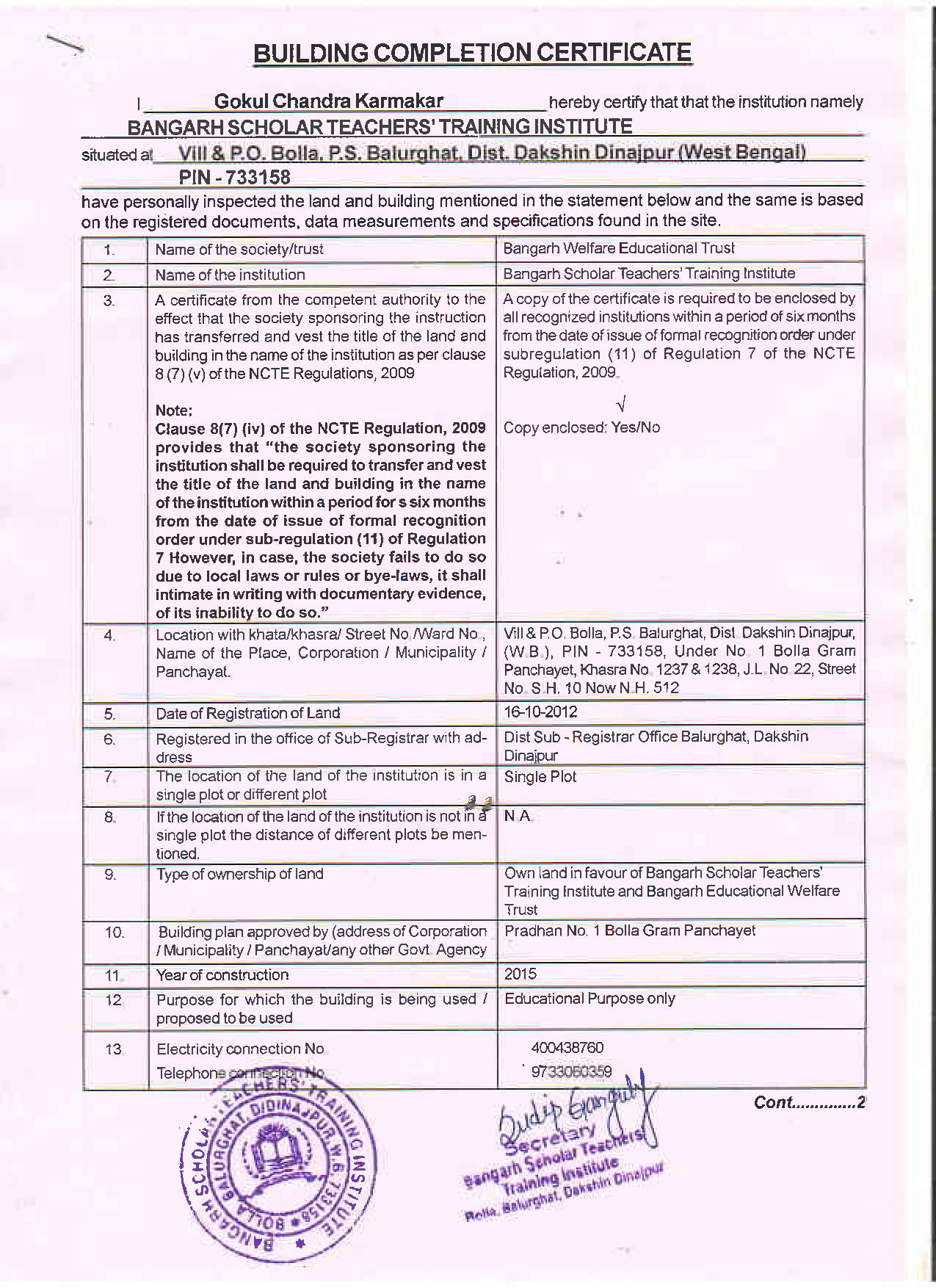 Building Completion Certificate - Bangarh Scholar Teacher's Training ...